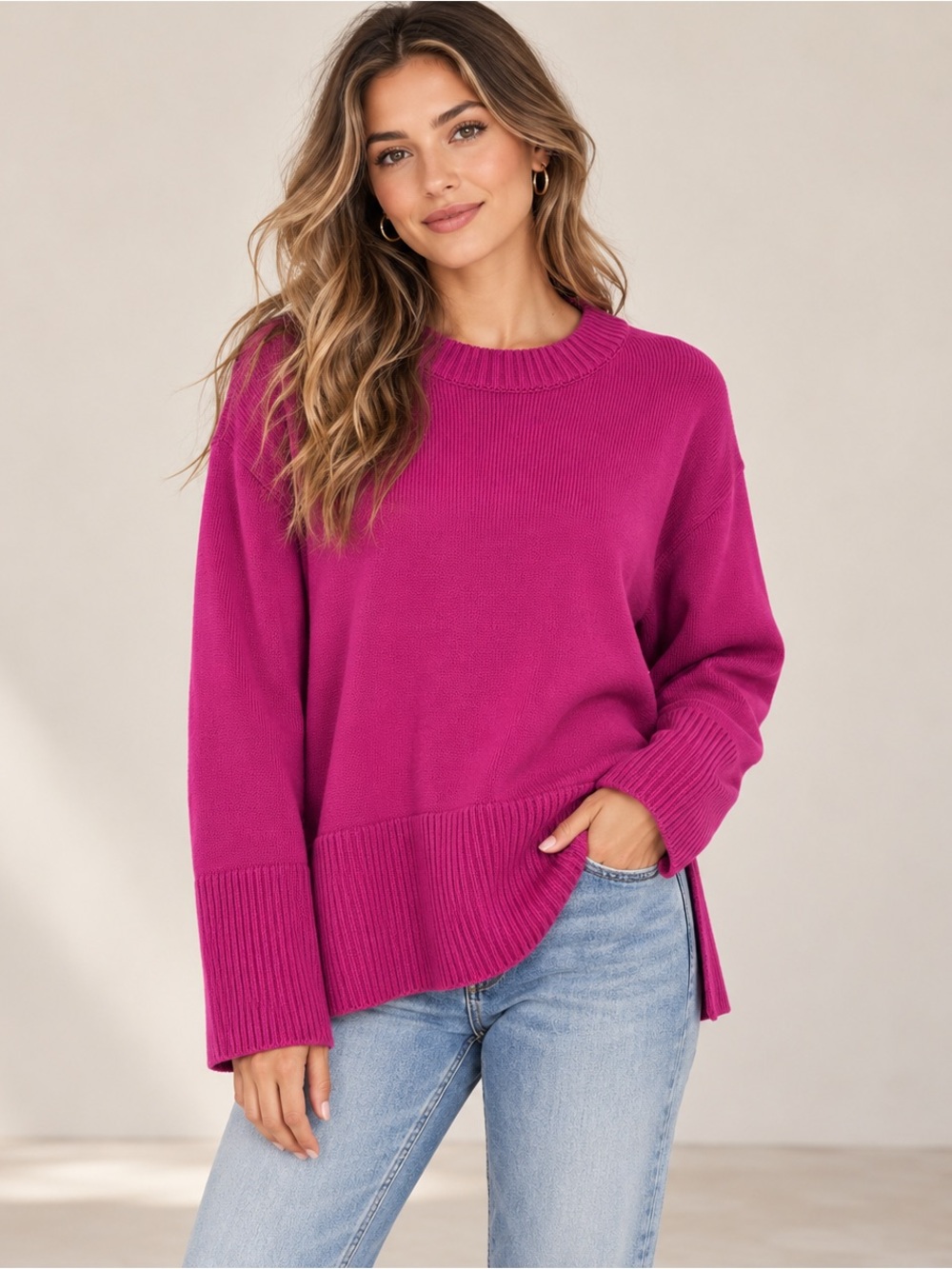 GAP Womens Fuchsia Pink 100% Cotton Crewneck Sweater Side Slit Ribbed Size L NWT